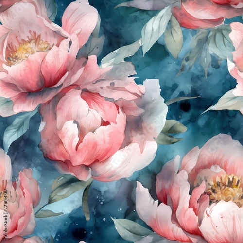 Fototapeta Naklejka Na Ścianę i Meble -  classic sweet blue tone peonies flower in seamless pattern, digital watercolor illustration style