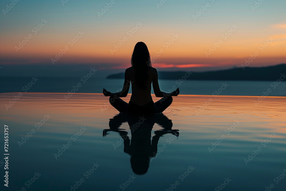 The serene beauty of a meditator is portrayed in a minimalistic photo, their silhouette in perfect harmony with the tranquil surroundings