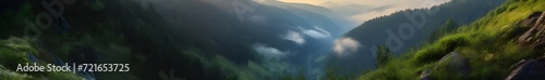 Mountain panorama of the intermountain at dawn with morning fog, bare stone and slopes covered with green coniferous forest of trees