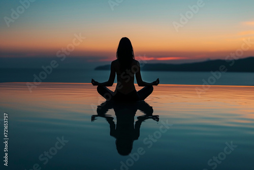 The serene beauty of a meditator is portrayed in a minimalistic photo, their silhouette in perfect harmony with the tranquil surroundings photo