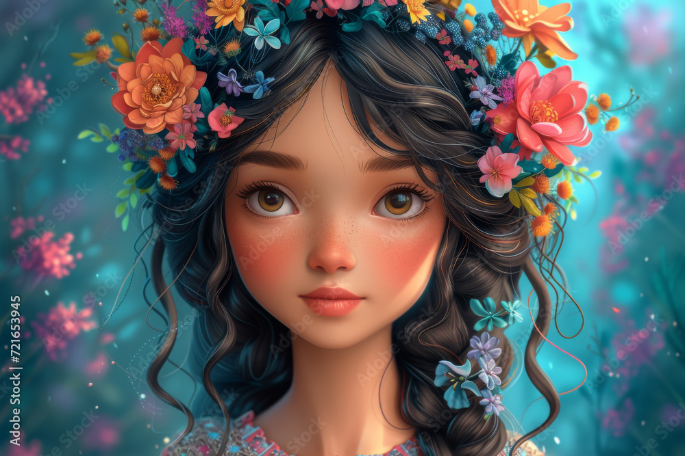 Portrait of a girl with flowers in her hair, digital illustration
