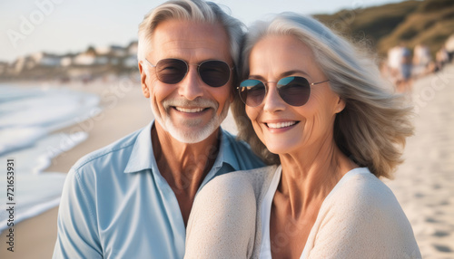 Healthy lifestyle concept - Happy mature couple smile at the beach side and enjoy together sunny day out