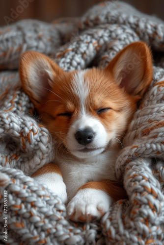 Cute corgi puppy lies wrapped in a knitted blanket and sleeps