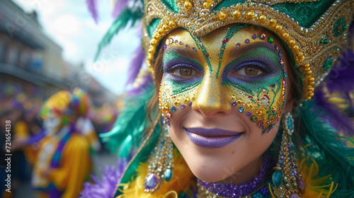 Female having fun at Mardi Gras style festival - sunglasses - beads - costume
