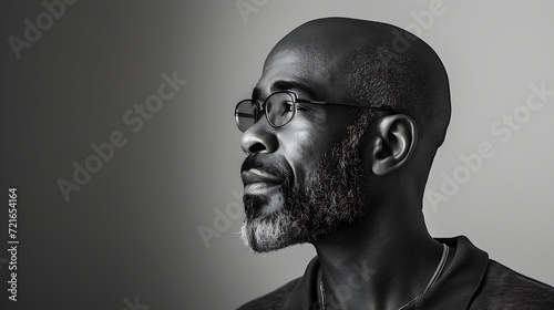 Professional side profile portrait of a middle aged man on a grey background