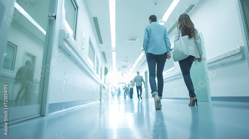 Location photography. liminal space, hospital indoor. low-angle camera shot. bright tones high key image. crisp photo. people walking