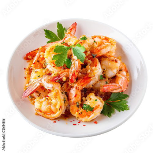 Fried shrimps or prawns with garlic on white plate - Transparent background