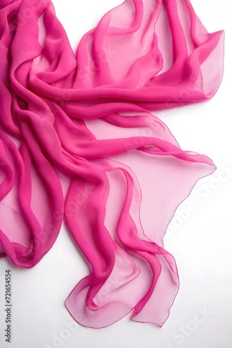 Flying fuchsia silk chiffon fabric on a white background. Weightless silk fabric.