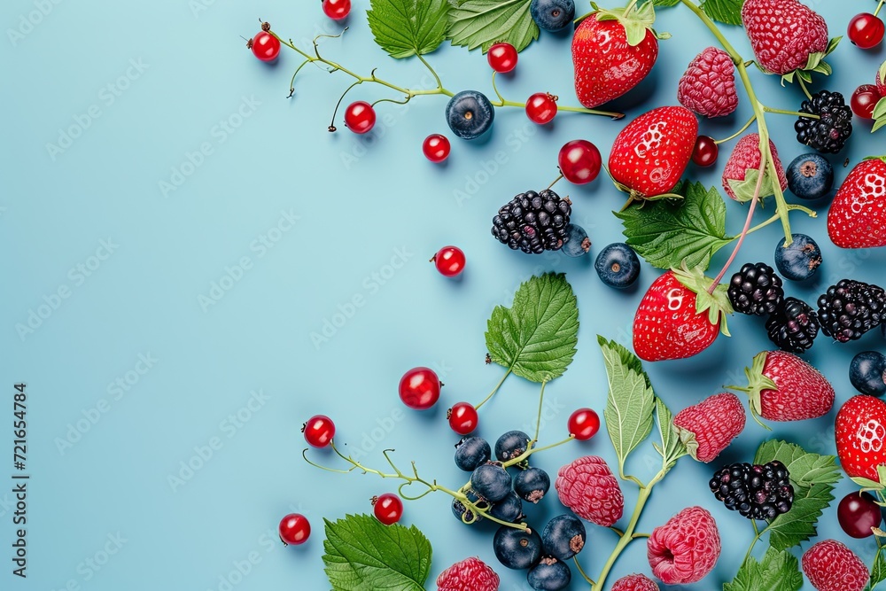 Various of berries on a pastel color background with copy space. Various of berries on a pastel color background with copy space.