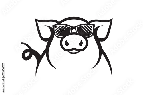 monochrome illustration of pig with glasses isolated on white background