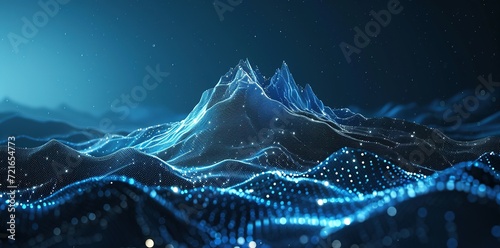 Data visualization, Data technology futuristic illustration. mountain of bright particles. Network of dots connected by lines.