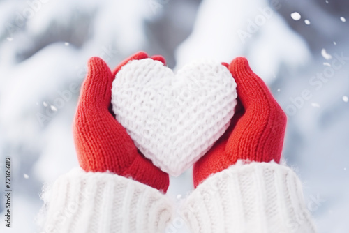 Hands in Red Gloves Holding White Knitted Heart in Winter Snowy Day Blur Background