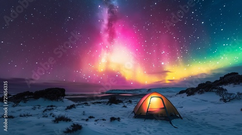 a tent set beneath the enchanting glow of the aurora australis in the Southern Hemisphere photo