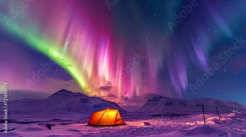 a tent set beneath the enchanting glow of the aurora australis in the Southern Hemisphere