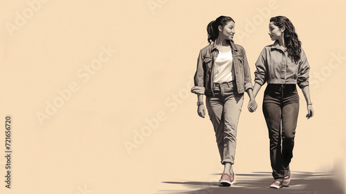 A Sketch of Two Latino Women Walking and Holding Hands With Copy Space