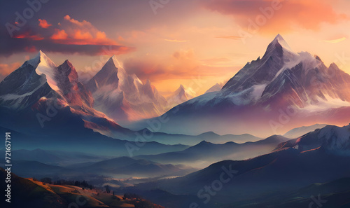 Landscape panorama of mountains in sunset