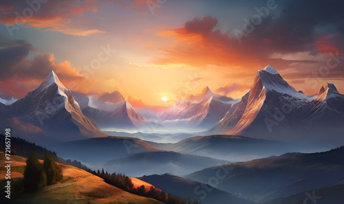 Landscape panorama of mountains in sunset