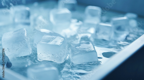 Clear ice cubes, with condensation, floating in water with soft blur background. Therapeutic chill, cryotherapy and ice bath, inflammation reduction, and wellness treatments