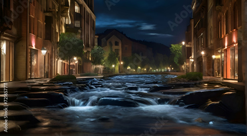 Flowing water stream at night