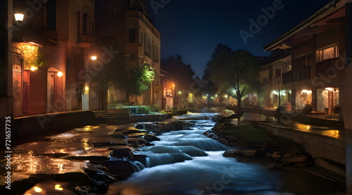Flowing water stream at night