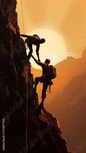 Person on the peak of rock cliff as illustration of struggle, cooperation and success motivation in life