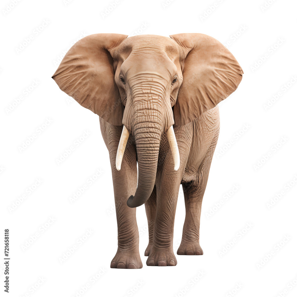 Portrait of an Elephant front view, full body standing isolated on transparent background