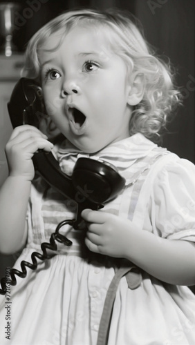 Black and white photograph vintage image of a little blonde girl with curly hair talking surprised on an old rotary phone.