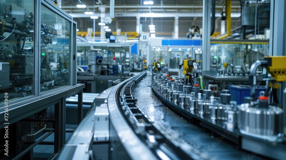 Fototapeta premium Industrial assembly line, precision engineering, products in production