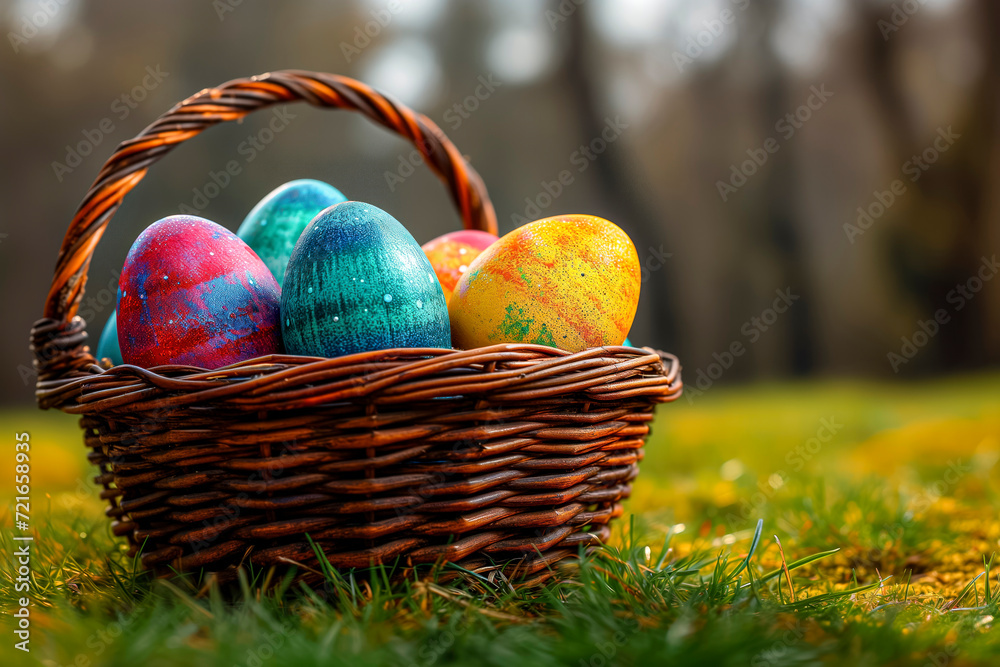 Wicker Basket Filled With Colorful Speckled Easter Eggs Sits On The Grass Wicker Basket Filled With Colorful Speckled Easter Eggs Sits On The Grass