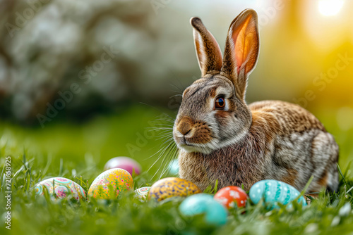 Brown Rabbit With Alert Ears Lies On Grass Next To A Scatter Of Colorful Easter Eggs