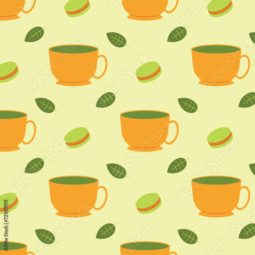 Seamless pattern with matcha cup  leaf and macaron. Vector illustration for wallpaper  wrapping  packing  textile.