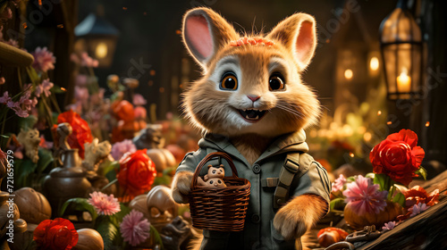 Cheerful Rabbit With Basket Of Cookies Surrounded By Flowers And Lanterns In Fantasy Setting.A