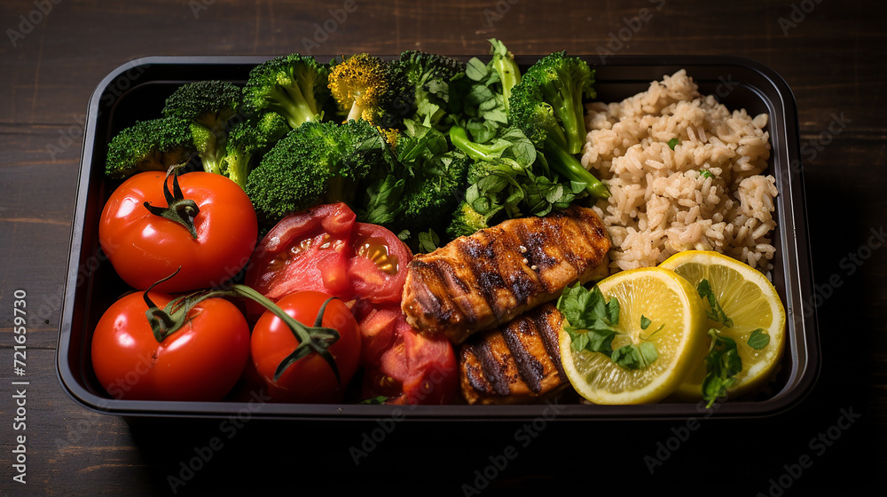 Catering. Meal prep. A meal in a box. A healthy box with tomato, beef, vegetable Catering. Meal prep. A meal in a box. A healthy box with tomato, beef, vegetable
