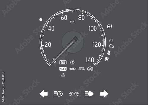 Dashboard. Close-up arrow speedometer at high speed. R1001 (ID: 721659914)