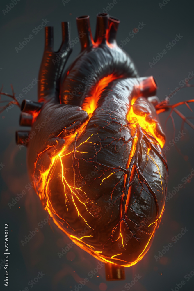 3D Heart Model with Golden Electric Pulse, Generative AI