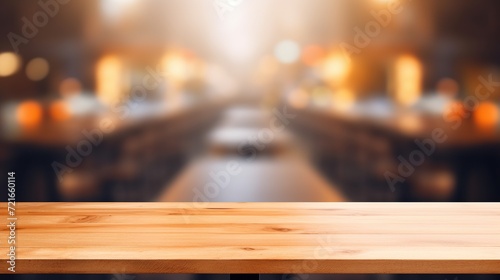 Empty wooden table in restaurant blurry panorama  banner background  3D Rendering