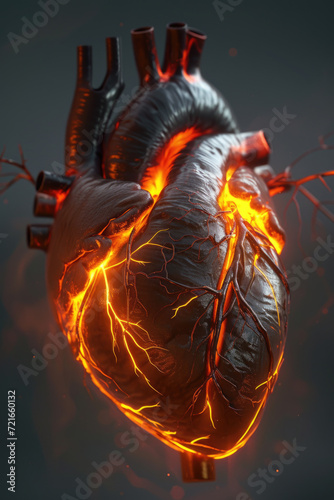 Obraz na płótnie 3D Heart Model with Golden Electric Pulse, Generative AI w salonie