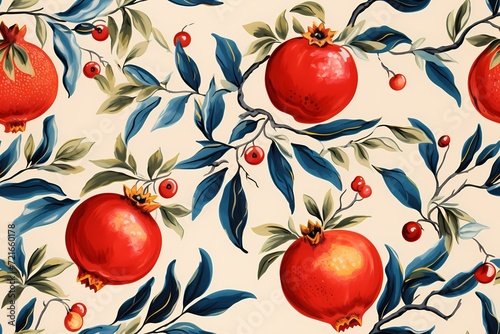 classic vintage style pomegranate fruit in seamless pattern on light cream background