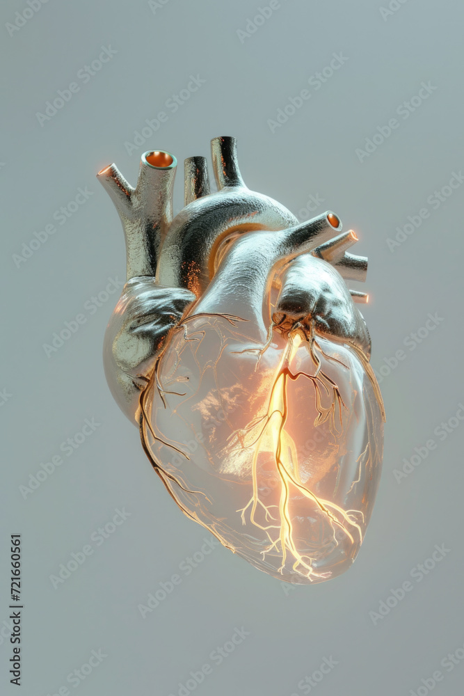 3D Heart Model with Golden Electric Pulse, Generative AI
