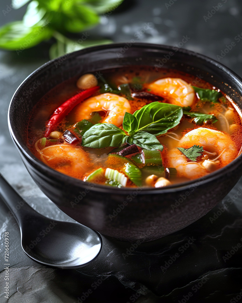 Traditional Spicy Shrimp Soup Served in an Ornate Bowl With Fresh Herbs and Chili