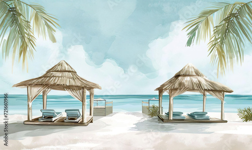 beach houses under palm trees on a sunny tropical ocean shore, watercolor illustration.