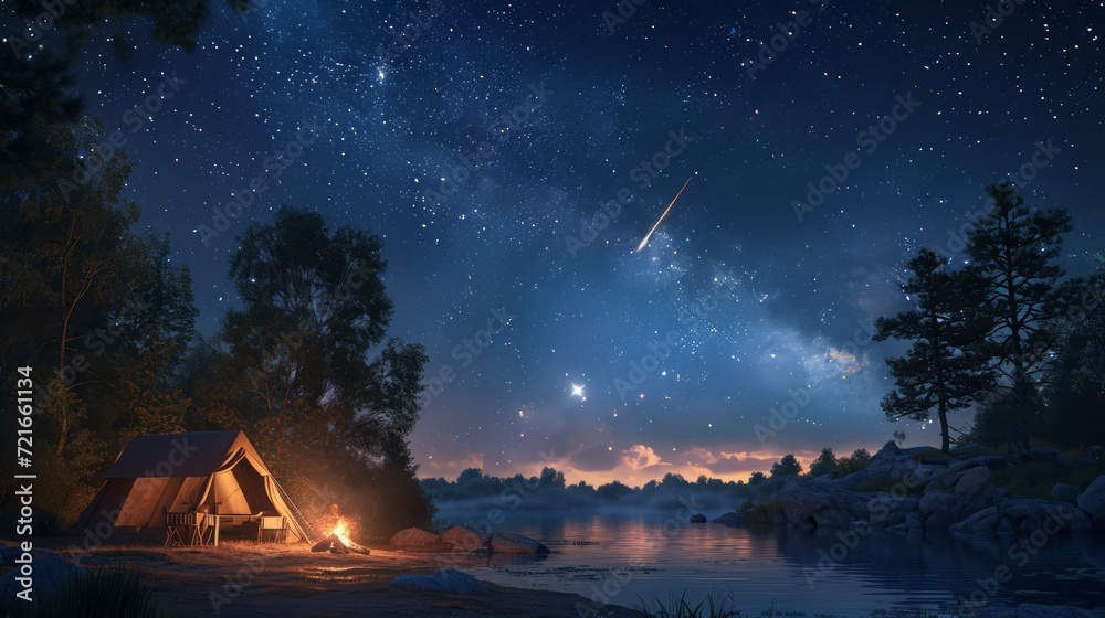 Celestial Reverie: Lost in the Symphony of Stars, a Solitary Camper Embraces the Cosmic Dance