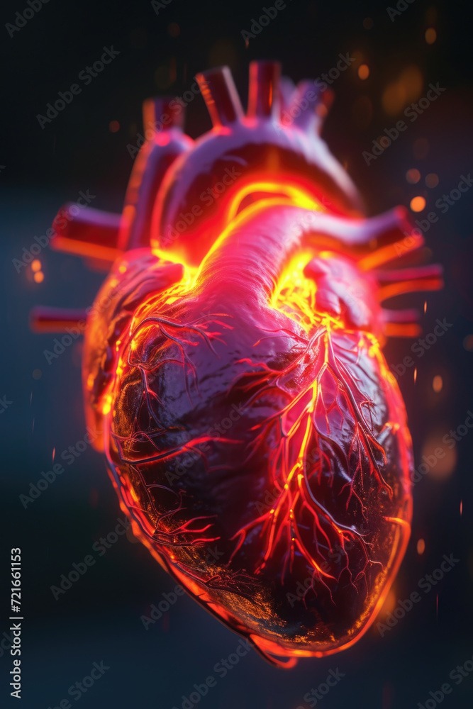 3D Model Heart with Orange Electric Pulse, Generative AI