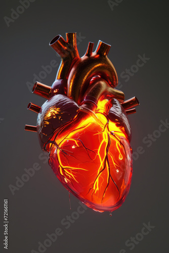 Obraz na płótnie 3D Model Heart with Orange Electric Pulse, Generative AI w salonie