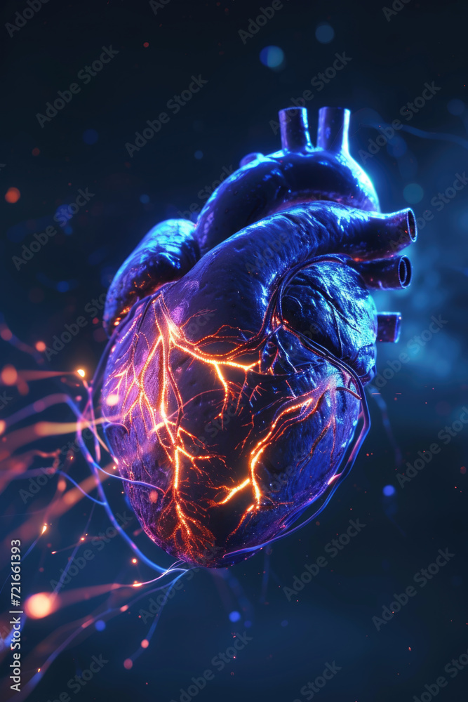 3D Heart Model with Multicolor Glow and Orange Pulse, Generative AI