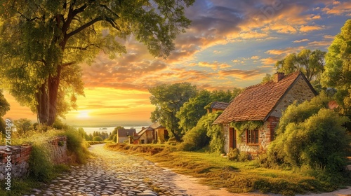 Sunset Lullaby: A Nostalgic Tapestry of a Picturesque Village Engulfed in Golden Hues of Enchantment