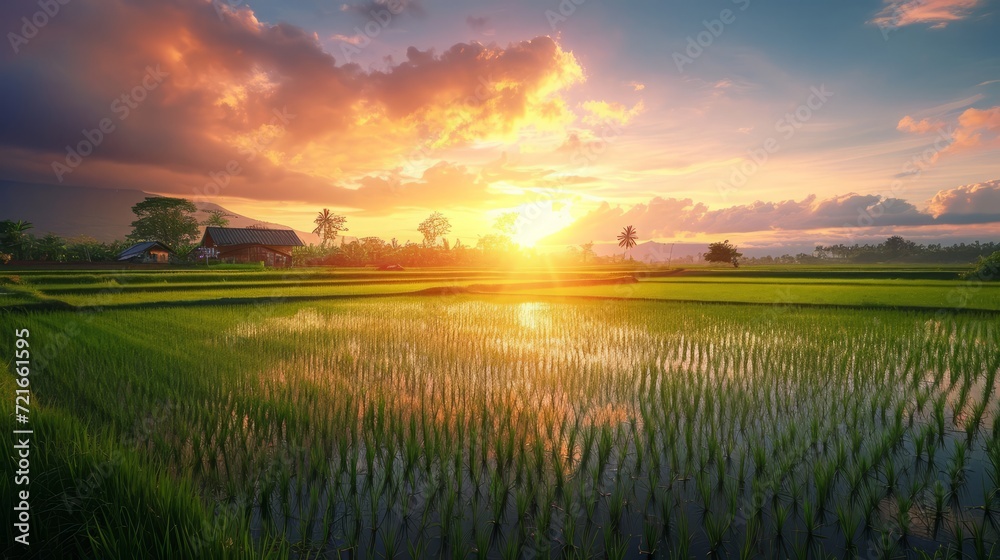 Golden Rhapsody in the Land of Verdant Serenity: Evening's Embrace on a Calm Rice Paddy - obrazy, fototapety, plakaty 