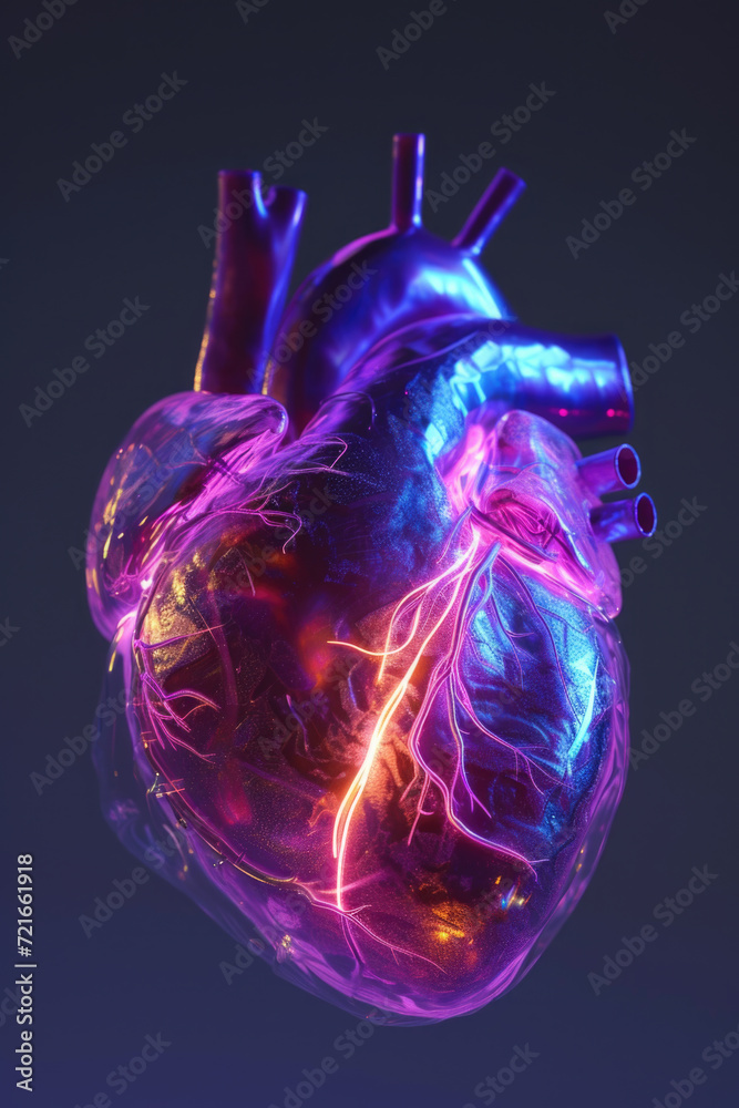 3D Heart Model with Multicolor Glow and Orange Pulse, Generative AI