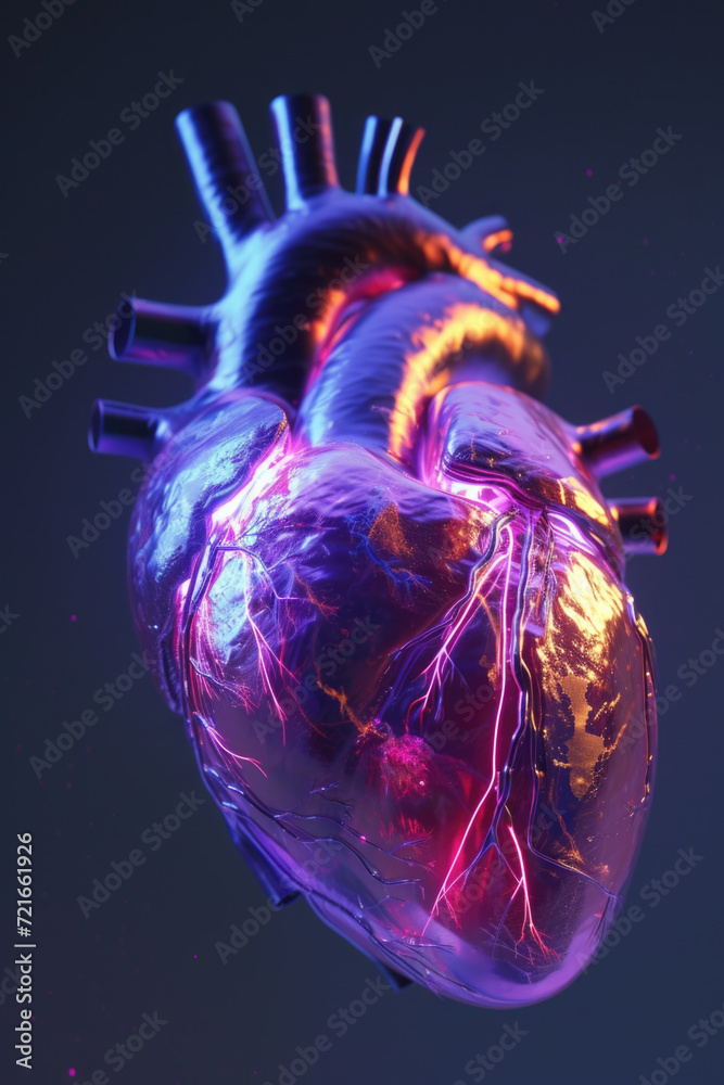 3D Heart Model with Multicolor Glow and Orange Pulse, Generative AI