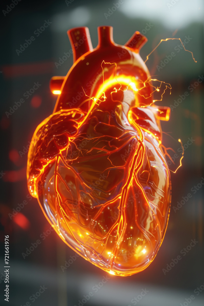 3D Model Heart with Orange Electric Pulse, Generative AI